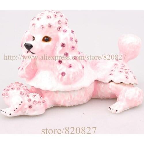 Wholesale cheaper metal dust pink poodle trinket jewelry box dog crafts home decoration vintage dog gift boxes for jewellery