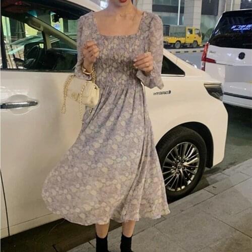 Dress Woman Chiffon Floral Printed Flower Harajuku Elegant Dresses Female Square Lovely Party Korean Gown Clothing