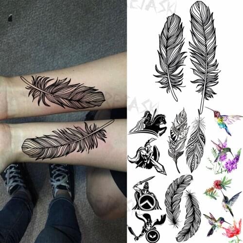 Realistic Feather Wrist Fashion Temporary Tattoos For Women Men Spartan Hummingbird Fake Tattoo Waterproof Body Art Tatoos Decal