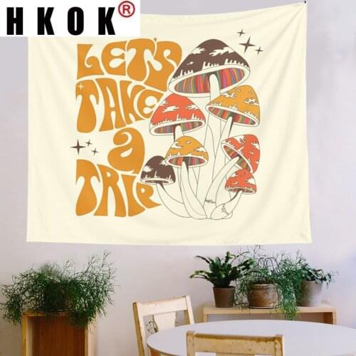 HKOK Retro Mushroom Dorm Tapestry Wall Hanging Covering Rugs Background Cloth Beach Mat Blanket Art Bedroom Living Home Decor