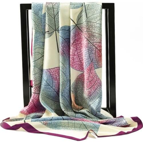 Silk Scarves Women Leaf Print Foulard Satin Square Head Hijab Scarf Ladies Luxury Brand Shawls 90cm Bandana Female Muffler Scarf