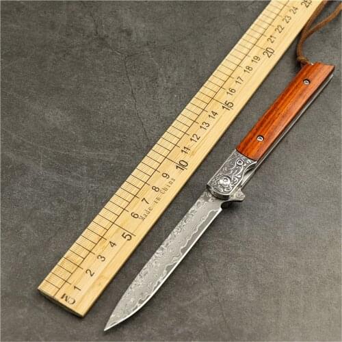 Damascus steel folding knife outdoor camping survival red sandalwood handle high hardness sharp tactical folding knife EDC tool