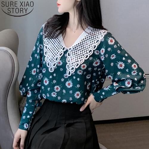 Green Blouses Women Floral Print Blouse 2021 Fashion French Style Doll Collar Pullover Chiffon Shirts Autumn Women Tops 11049