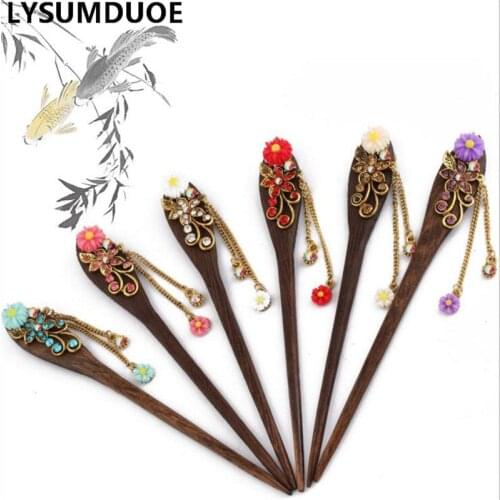 Women Hairpin Wooden Hair Sticks Vintage Crystal Hairgrip Daisy Flower Tassel Barrette Pin Jewelry Bridal Girls Hair Accessories