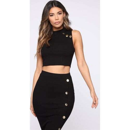 New Arrival Women Sets Tank Tops With Skirts Button Knee Length Black 2 Pieces Bandage Sets Evening Party Clothes