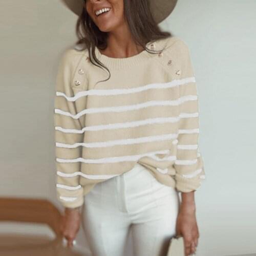 2021 Autumn New O Neck Loose Knit Sweaters Fashion Single-Breasted Striped Pullover Tops Women Casual Button Long Sleeve Sweater