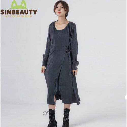 SINBEAUTY 2021 Womens Sling Dress Gray Blue Casual Korean Slim Party Mid-length Autumn Fashion