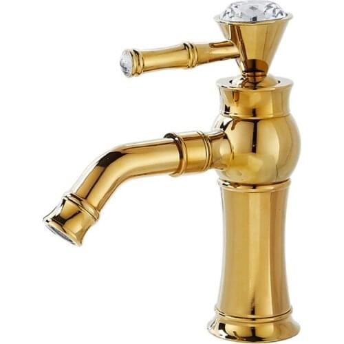 Bathroom Single-hole European-style Gold Basin Tap Hot and Cold Brass Table Under The Basin Antique Crystal Single Handle Tap