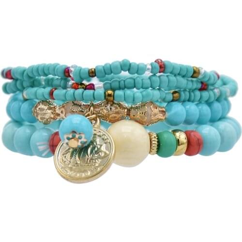 5Pcs/set Bohemian Style Green Black Acrylic Beaded Bracelets for Women Coin Tassel Statement Bracelet Ethnic Party Jewelry Gift