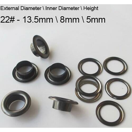 500pcs brass eyelet gunblack color \ External diameter 13.5mm\ Inner diameter 8mm \ Height 5mm 22# with gaskets