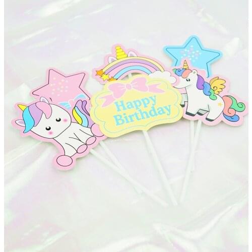 6pcs/set Cartoon Unicorn Cake Topper Set Happy Birthday Cupcake Picks Baby 1st First Birthday Party Decorations for Girls