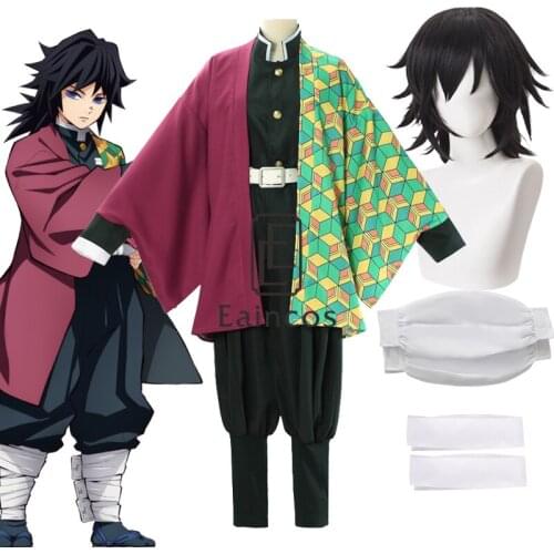 Anime Demon Slayer Kimetsu no Yaiba Tomioka Giyuu Uniform Cosplay Costume Wig Kimono Cloak Costumes For Men