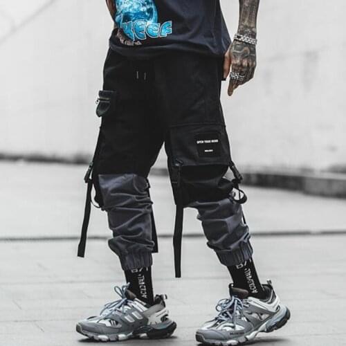 Newest men ribbons multi pockets street hip hop cargo pants patchwork punk joggers man elastic waist casual trousers sweatpants