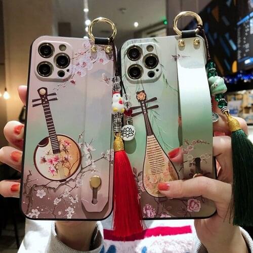 Sumkeymi Wrist Strap Phone Holder Case For iphone 11 12 7 8 Plus mini Pro Max X XS XR Chinese Culture Pattern TPU Cover