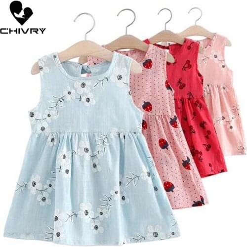 Children Summer Dresses Kids Baby Girls Sleeveless Flower Print Cotton and Linen Floral A-line Dress Summer Dresses for Girls