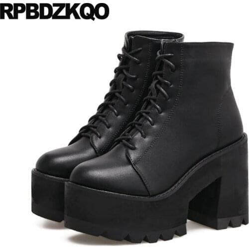 Extreme Fall High Heel Lace Up Shoes Round Toe Chunky Women Ankle Gothic Platform Boots Punk Black Designer Size 4 Waterproof