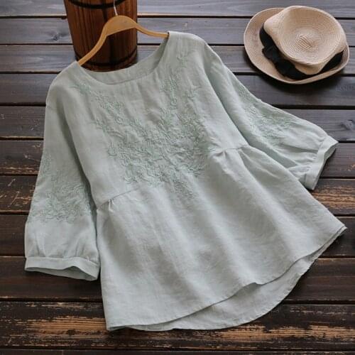 Summer Embroidery Cotton Linen Women T-shirt New Vintage Casual Style 2020 Loose O-neck Half-Sleeve Fashion Top
