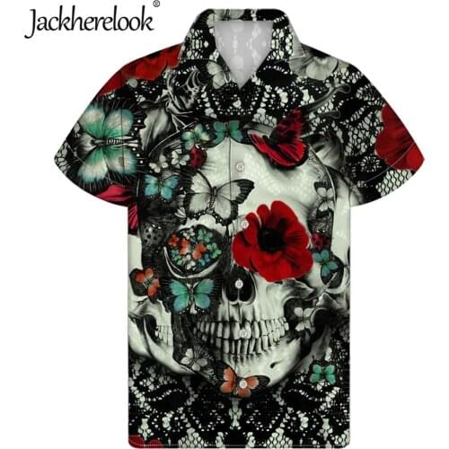 Jackherelook Vintage Butterfly Sugar Skull Brand Design Short-sleeve Beach Shirts Holiday Floral Streetwear Top Camisa Masculina