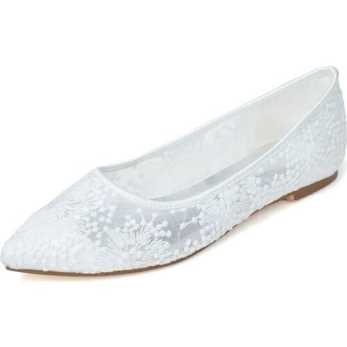 Lace Wedding Bridal Flats Pointed Toe Slip on Breathable Lace Prom Evening Formal Party Dress Flat Shoes Women