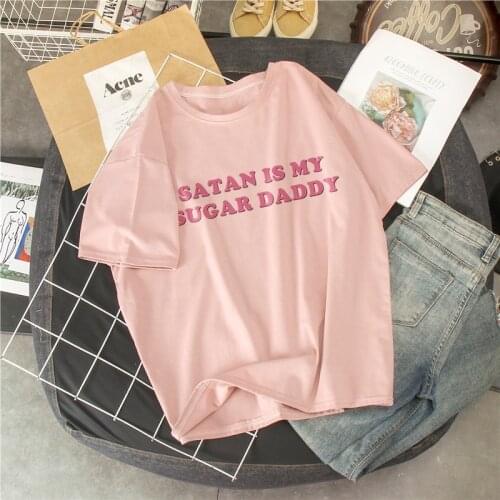 Summer Kawaii Sweet pink Tops Satan Is My Sugar Daddy Tumblr Girls Shirt Aesthetic Clothing Sugar Baby casual Harajuku T-Shirt