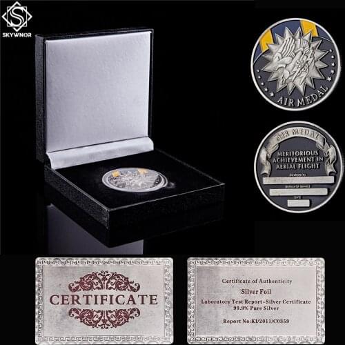 USA Silver Eagle Air Medal Meritorious Achievement In Aerial Flight Military Challenge Coin W/ Black Luxury Box Display