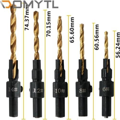 5pcs Countersink Drill Woodworking Drill Bit Set Drilling Pilot Holes For Screw Sizes #6 #8 #10 #12 #14 With a wrench