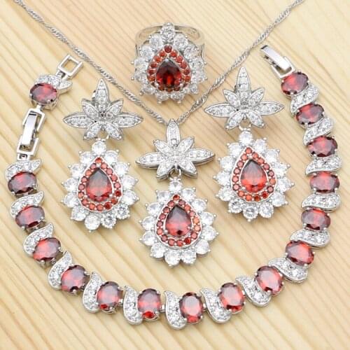 Silver 925 Jewelry Sets For Women Wedding Red Cubic Zirconia Ring Bracelet Pendant Earrings Necklace Bridal jewelry Accessories