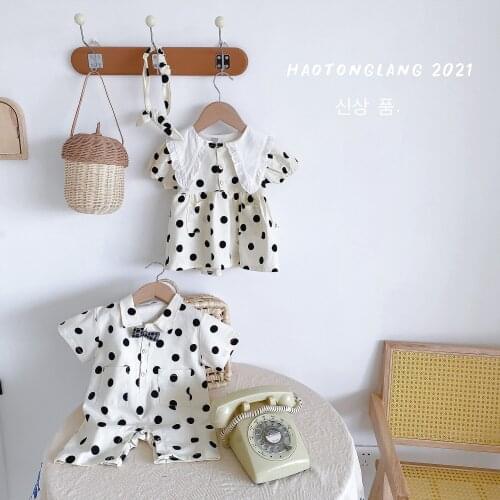 2021 Summer Brother and Sister Creeping Suit New Cute Doll Collar Dot Big Lapel Children Go Out Clothes