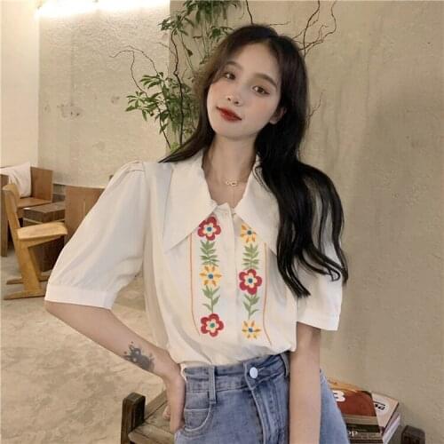 Summer new style embroidered flowers loose short section retro POLO collar short-sleeved shirt