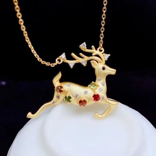 Deer for u sytle natural tourmaline gem necklace for women jewelry real 925 silver gold plated natural gem girl birthday gift