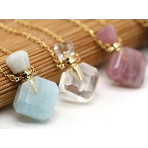 Natural Madagascar Rose Quartzs Stone Perfume Bottle Pendant Necklace Elegant Women Essential Oil Vial Necklaces Jewelry Gift