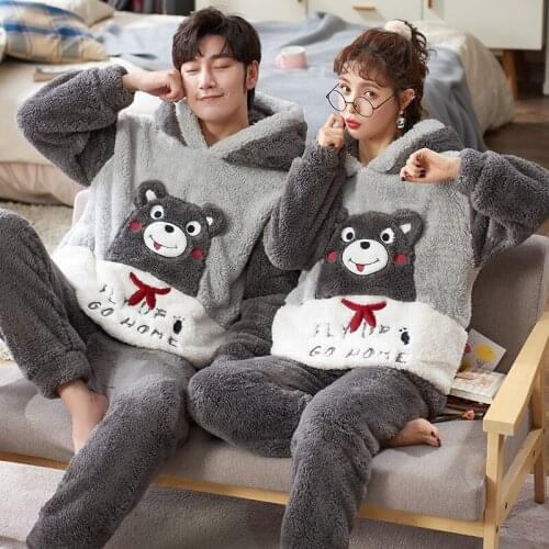 Thick Warm Pajamas Couple Flannel Pijamas Women Cute Night Suit Mens Sleepwear Set Hooded Nightie Home Clothes Female Nightwear