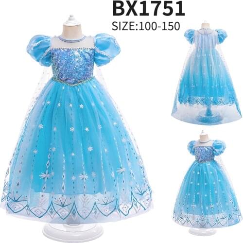 Princess Short Sleeves Dress Blue Ballgown Costume Kids Dresses for Girls Halloween Sequins Party Children Cosplay Dress Up