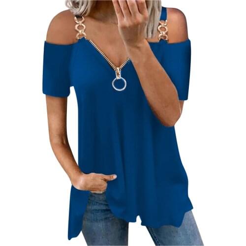 Off Shoulder Strap Womens Tops And Blouses Womens Slim Slimming V-neck Zipper Blouse Short Sleeves Blusas Mujer De Moda 2021