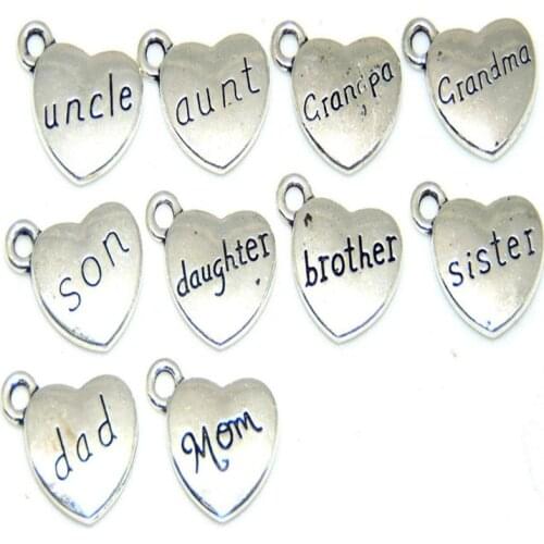 Family theme Heart Charms Vintage Silver Dad Mom Son Daughter Grandpa Aunt Sister Brother Pendant For Jewelry Making Bracelet