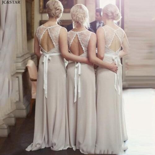 Boho Wedding Guest Gowns New Lace Chiffon Backless A Line Champagne Bridesmaid Dress Long Country Garden vestido dama de honor