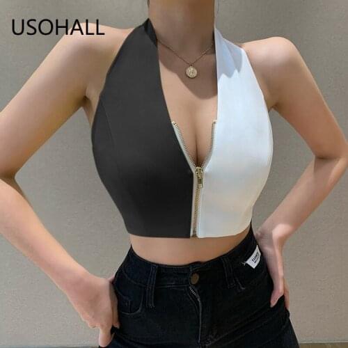 USOHALL New Women Personalized Patchwork Tops Summer Halter V Neck Zipper Backless Tank Tops
