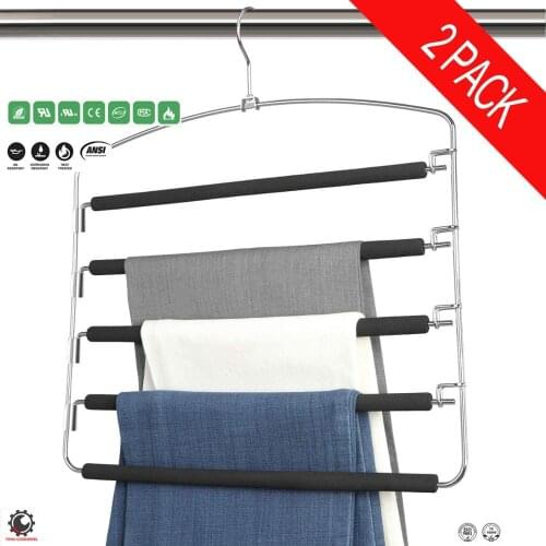 Pants Hangers 5 Layers Stainless Steel Non-Slip Foam Padded Swing Arm Space Saving Clothes Slack Hangers Closet Storage Organize