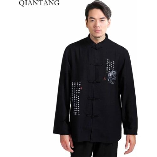 High Quality Black Traditional Chinese Mens Cotton Linen Kung Fu Shirt Tang Clothing Size S M L XL XXL XXXL hombre Camisa Mim02A