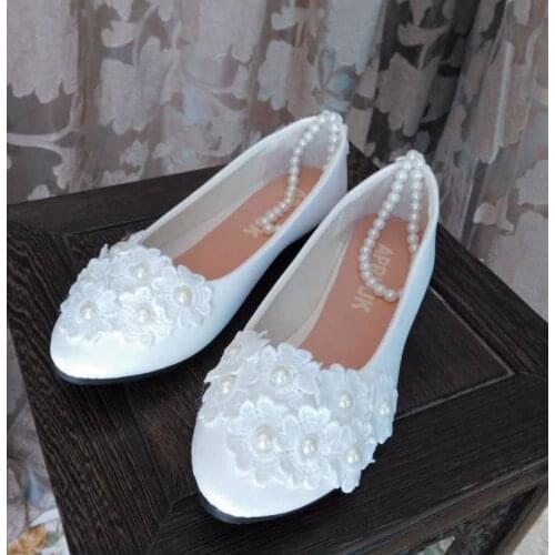 Plus size 41 42 flat heel wedding shoes woman round toes slip on ankle beading straps sweet romantic bridal laces wedding shoes