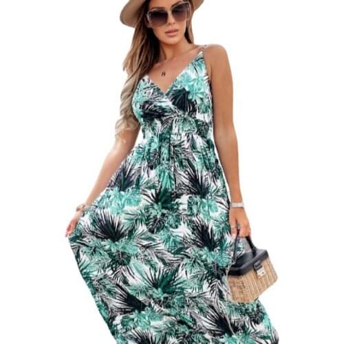 Ladies Sleeveless Dress 2021 Summer New Fashion Printed V-Neck High Waist Sling Long Skirt Sexy Halter Dress