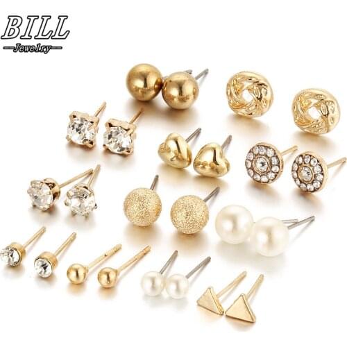 12 pairs Stud Earrings Sets For Women Fashion Ear Jewelry Crystal Ball Heart Simulated Pearls Brincos Triangle 2018 HOT