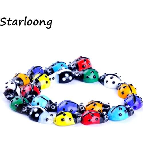 19pcs/string colors mixed ladybug shape pattern beads lampwork glazed glass beads for bracelet necklace DIY jewelry making