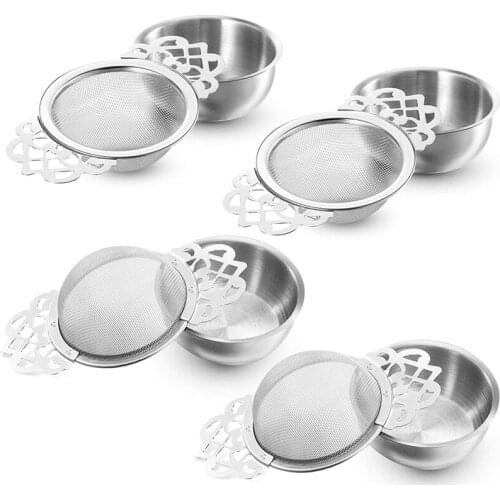 4Pcs Tea Strainers with Drip Bowls, Mesh Tea Infuser Stainless Steel Loose Leaf Tea Filter with Double Winged Handles