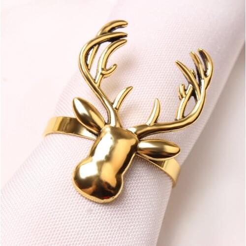 6pcs/lot Christmas Bronze Deer Head Napkin Button Golden Elk Napkin Ring