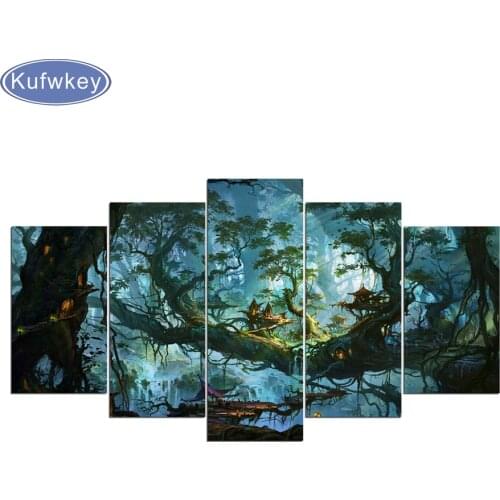 Diamond embroidery mosaic 5 Pieces Fantasy Houses Magic Forest Night Pictures Tree Poster Home Decor 5d diy diamond painting