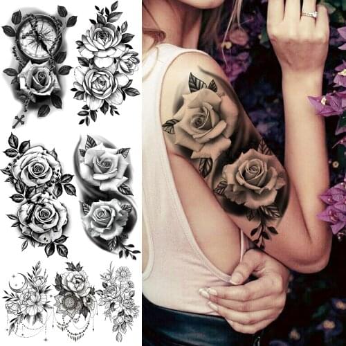 Large Peony Flower Temporary Tattoos For Women Adults Realistic Compass Moon Pendant Fake Tattoo Sticker Arm Body Tatoos