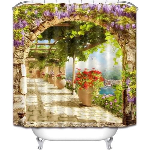 Digital Flowers Bridge with Arch View on The Town Scenic Shower Curtains Bathroom Curtain Waterproof Fabric for Bathtub Decor