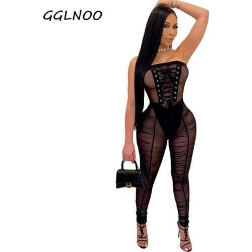 GGLNOO Fashion See Through Caged Mesh jumpsuit (Black) Summer Tied Stacked Skinny Jumpsuits Rompers Party Club Wear One Piece