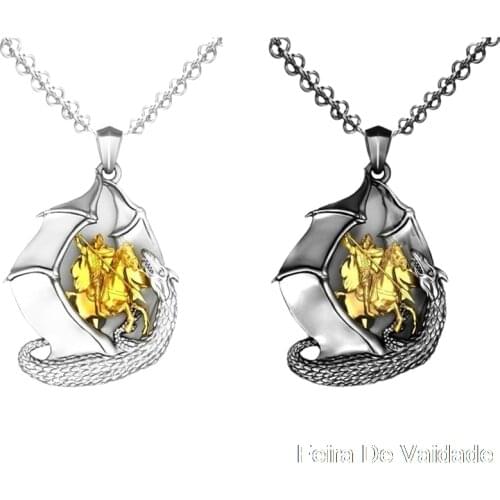 Giant Necklace Pendant Fashion Retro Anime Jewelry Man Cosplay Mythical Knight Slaying Dragon Two-color Neutral Jewelry Hot